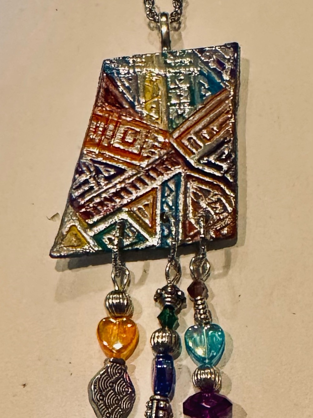Colorful Geometric Pendant Necklace with Beaded Tassels